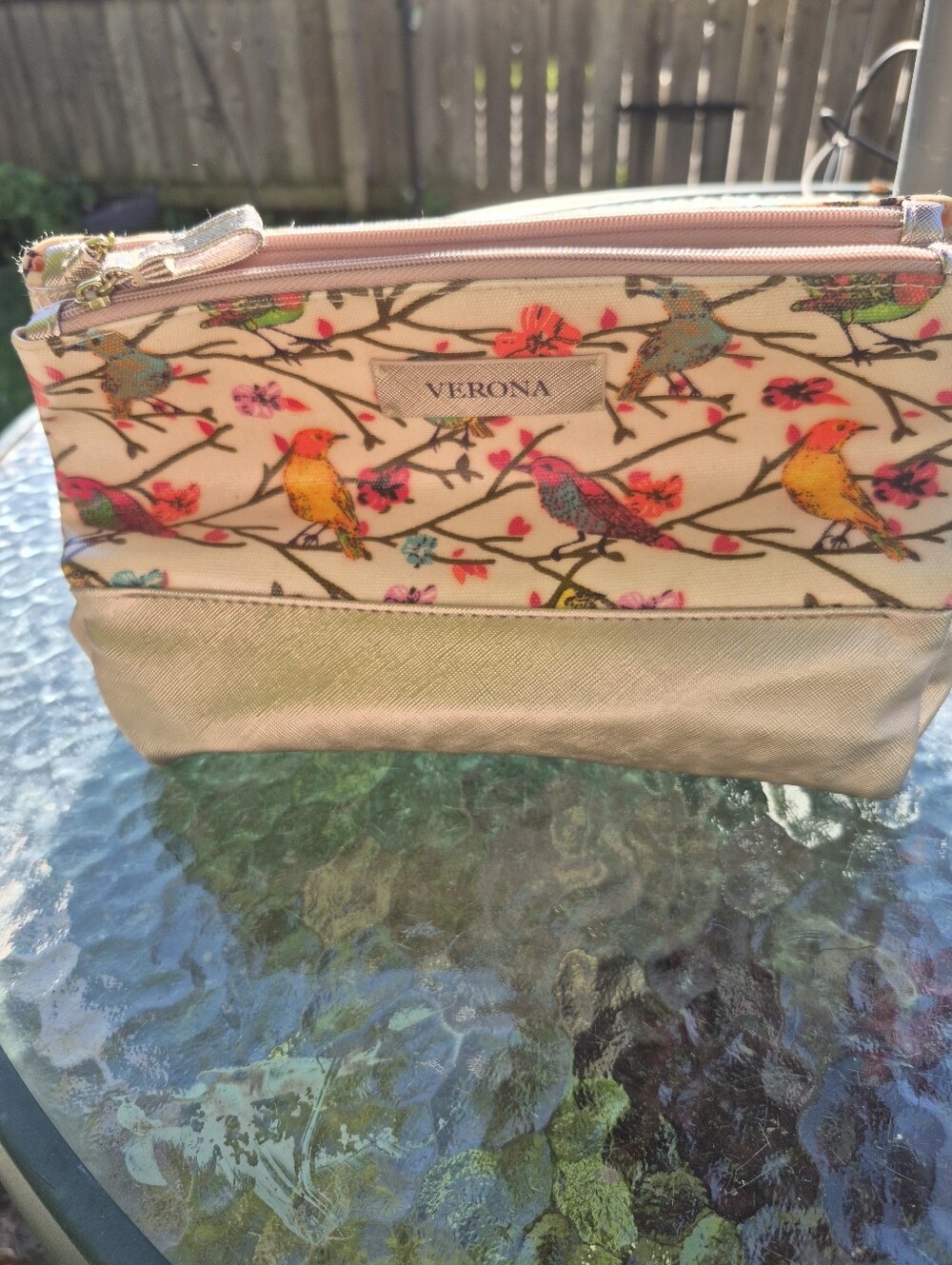 Versona Beige & Pink Bird Print Cosmetic Bag